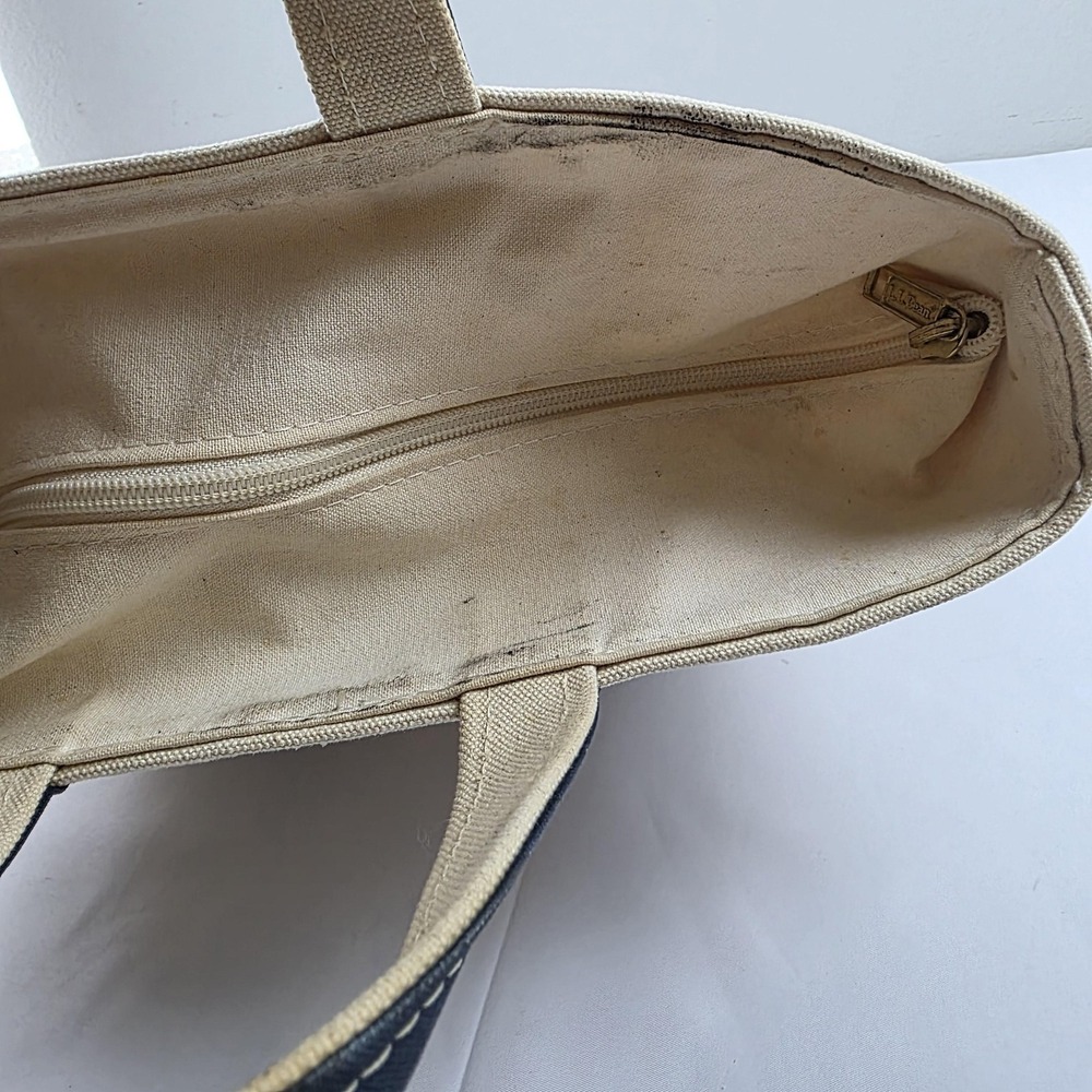 L.L. Bean Boat And Tote Bag Womens Small Beige Blue Canvas Zip Top Beach Casual - Picture 12 of 14
